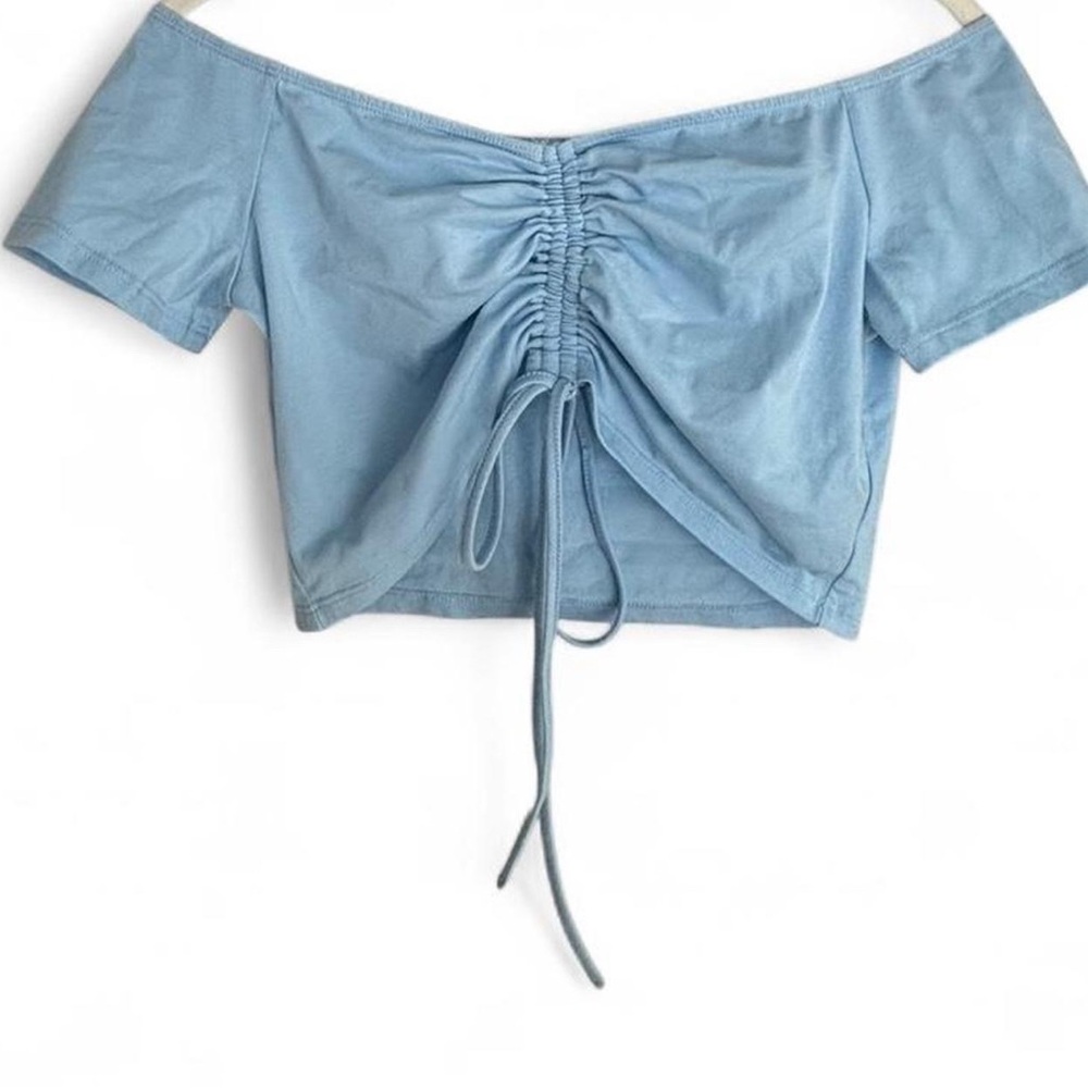 Light Blue Off-Shoulder Ruched Crop Top
